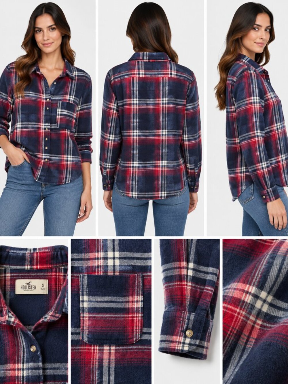 Hollister Women’s Blue Red Plaid Flannel Button Down Shirt Size S